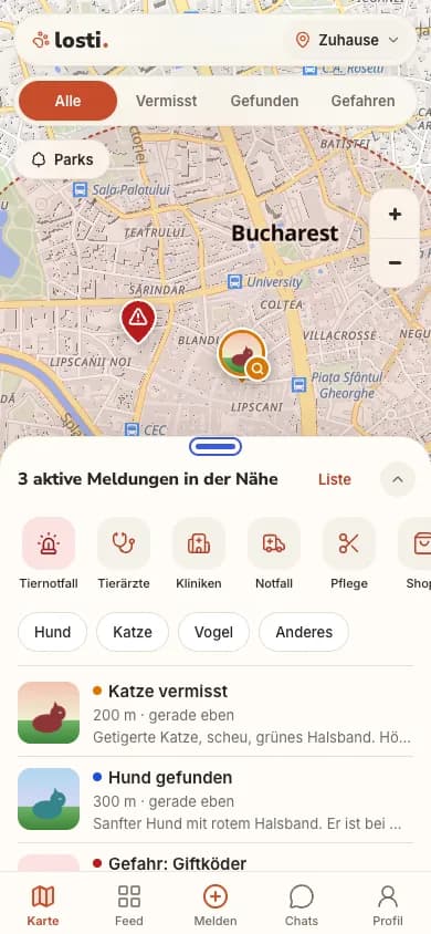 Die Berry-Karte mit aktiven Meldungen in der Nähe und einer neuen Benachrichtigung