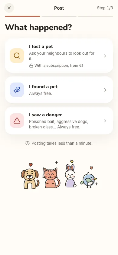 The Berry Post screen: I lost a pet, I found a pet, I saw a danger